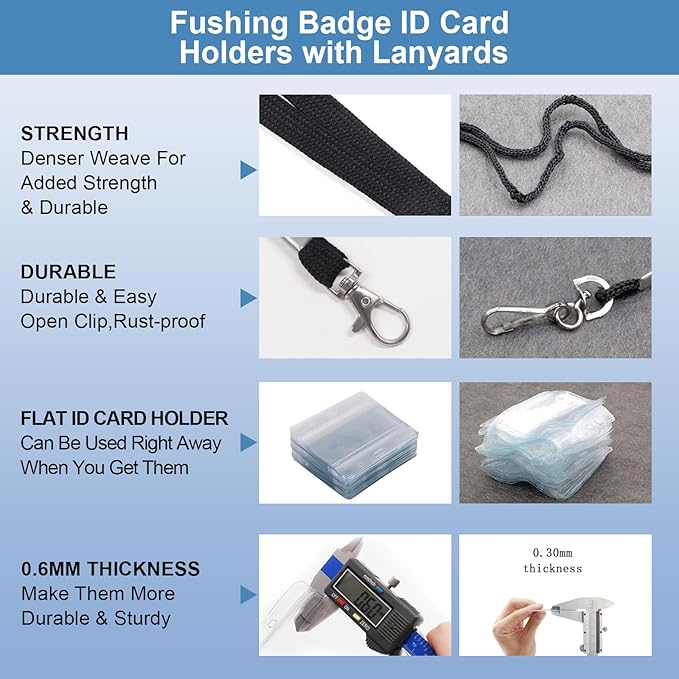 Name Badge Holders with Lanyards - Fushing 50Pcs Clear Plastic Horizontal Name Tag Badge ID Card Holders and Lanyards for 3 x 4 Inch Name Badge Inserts or Name Tag Inserts