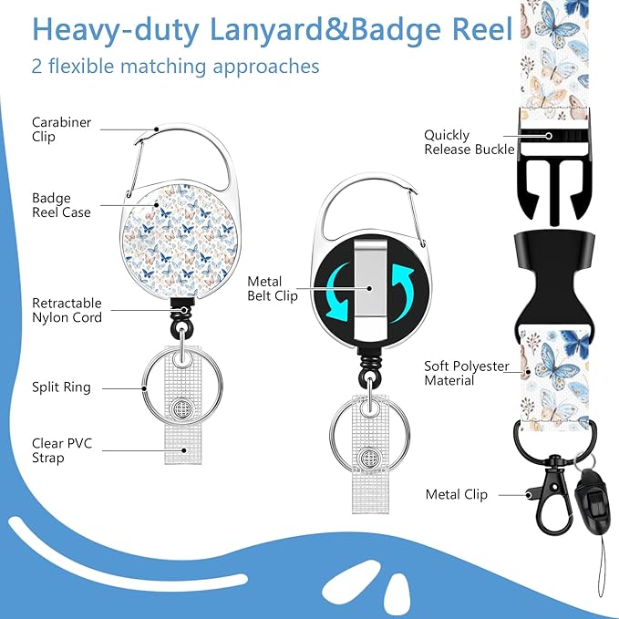 Butterfly Badge Holder Reel Lanyard,ID Card Badge Holder Retractable Name Tag Clips for Doctor Nurse Teacher Office Student