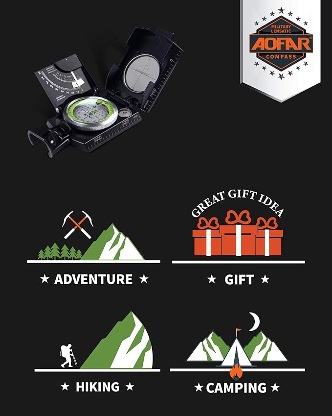 AOFAR AF-4074 Military Compass for Hiking,Lensatic Sighting Waterproof,Durable,Inclinometer for Camping,Boy Scount,Geology Activities Boating