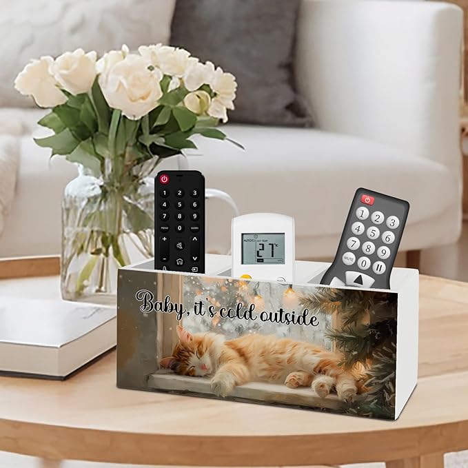 Winter Christmas Cat Pen Pencil Holder Organizer for Desk Accessories, Cat Mom Lovers Gifts for Women Wooden Box Sign Desk Decor for Office Decoration, Christmas Office Decor