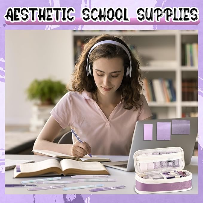 Janlaugh 38 Pcs Aesthetic College School Supplies with Pen Case Sticky Notes Gel Pens Highlighters Correction Tapes Back to School Stationery Kit(Purple Color,Classic)