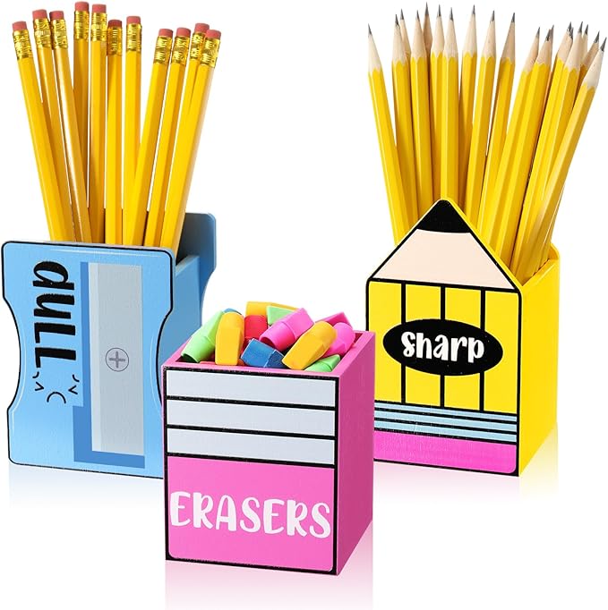 3 Pcs Sharp and Dull Pencil Holder Eraser Buckets Wooden Shaped Dispenser Finished Pen Holder No DIY for Back to School Teachers Classroom Management(Plain)