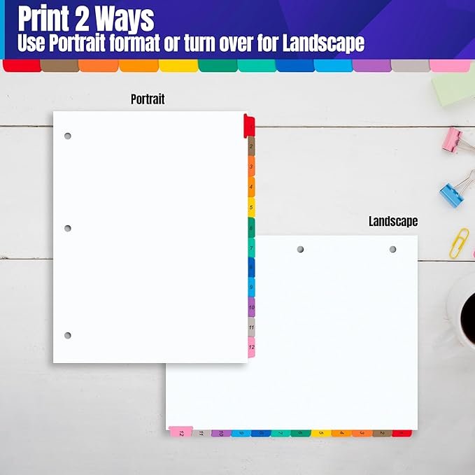 Tab Dividers for 3 Ring Binders – 6 Sets, 1–12 Numbered Index Dividers with Table of Contents – 8.5 x 11 in, 3-Hole Punched – Binder Dividers for School, Office, Filing, Organizing - 6 Pack