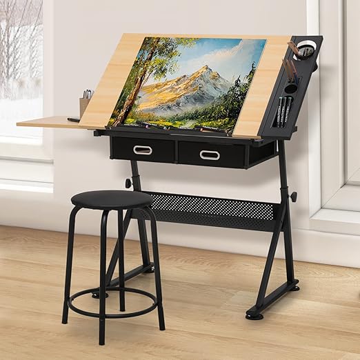 MoNiBloom Adjustable Drafting Table & Stool Set with Storage, Versatile Art Desk and Craft Center Home Study Room Artist Desk