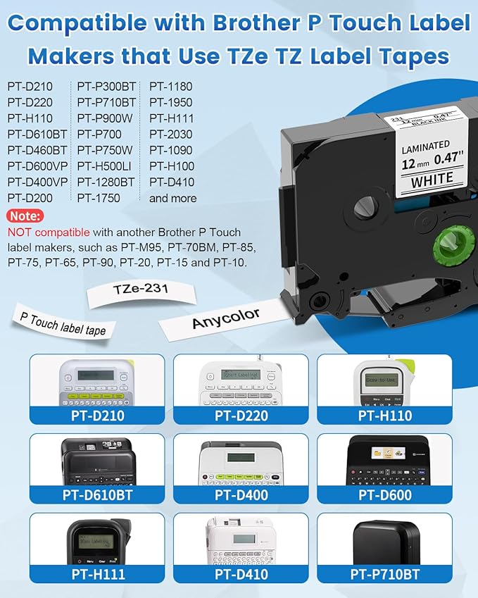 10-Pack Replace for Brother P Touch Label Maker Tape TZe-231 TZe TZ Tape 12mm 0.47 Laminated White TZe231 Label Tape for Brother Ptouch PT-D210 PT-D220 PT-H110 PT-D610BT PT-D600 PT-D410 PT-D400 PTH111