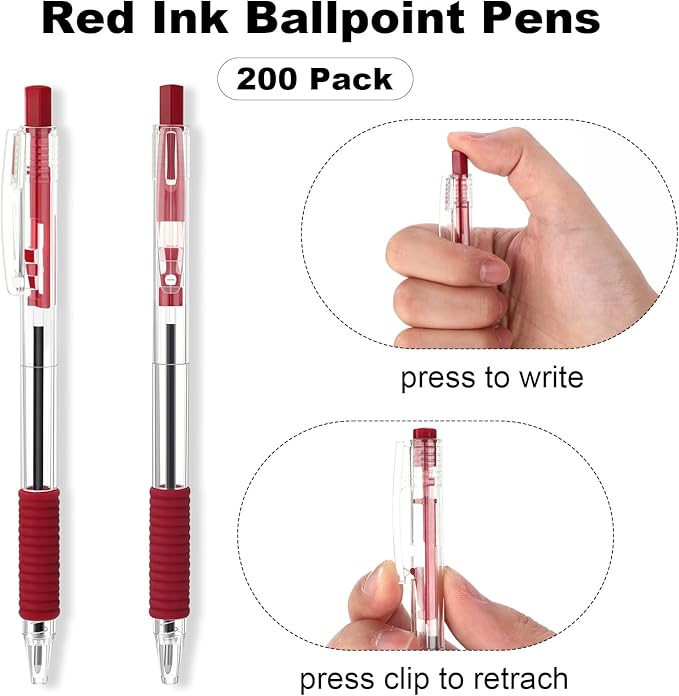 200 Pack Red Gel Ink Pens Bulk, 1.0mm Retractable Click Point Ballpoint Pens Smooth Writing with Comfortable Grip for Back to School Office Classroom Business Home Work Supplies