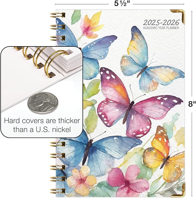 HARDCOVER Academic Year 2025-2026 Planner: (June 2025 Through July 2026) 5.5"x8" Daily Weekly Monthly Planner Yearly Agenda. Bookmark, Pocket Folder and Sticky Note Set (Watercolor Butterflies)