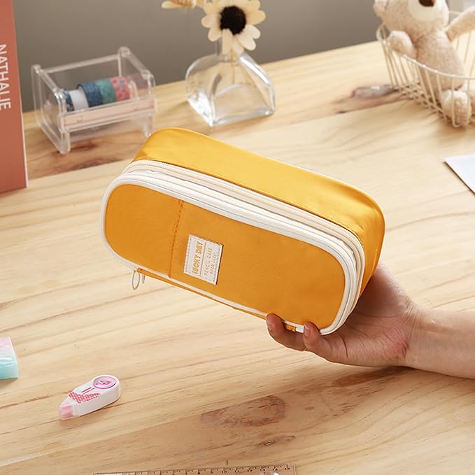 Big Pencil Case Large Capacity Pencil Bag with Zipper Pencil Pouch for Girls Boys Kids Adults Stationery Pencil Pen Case Organizer for School Office Yellow