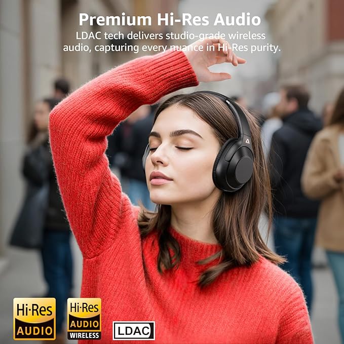 Riibox Y7Pro Hybrid Active Noise Cancelling Headphones, LDAC Hi-Res Audio, 75H Playtime, Deep Bass, Customize EQ via App, Comfort Fit Wireless Over-Ear Bluetooth Headphones for Home Office Travel