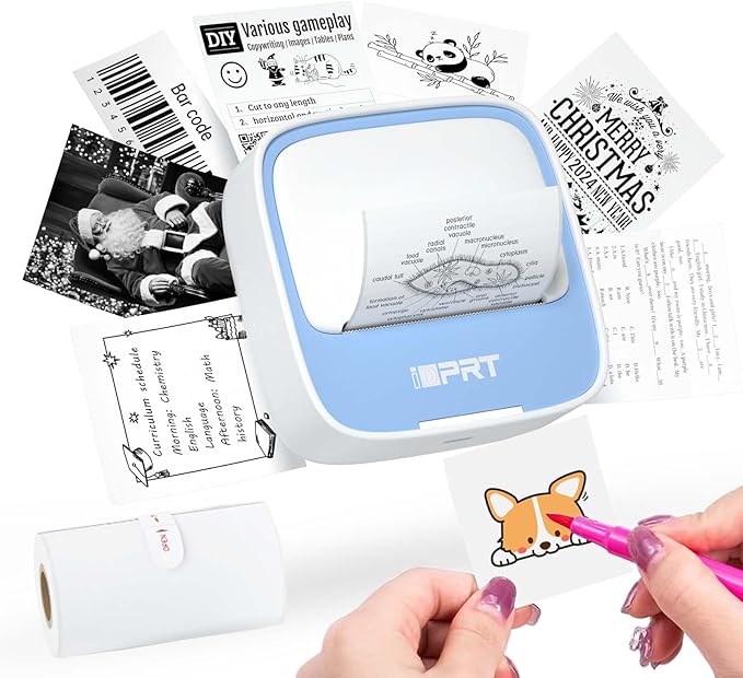 iDPRT Portable Sticker Maker Machine with 1 Roll Sticker Paper, Mini Printer Efficiently and Quickly, Thermal Printer for Study Notes, Pictures, DIY, Label, Free App with Multiple Templates,Blue