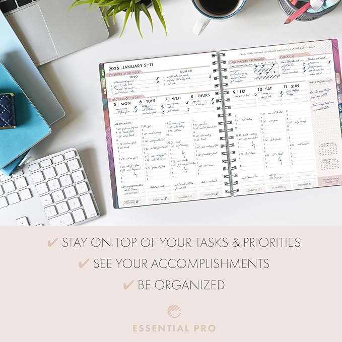 Essential PRO 2026 Daily, Weekly & Monthly Planner, 7"x9": 14 Months (Nov 2025 - Dec 2026) Monthly Tabs,Daily Tracking,Notes Pages,Storage Pocket,Bookmark w Sticky Notes (Pastel Peacock)