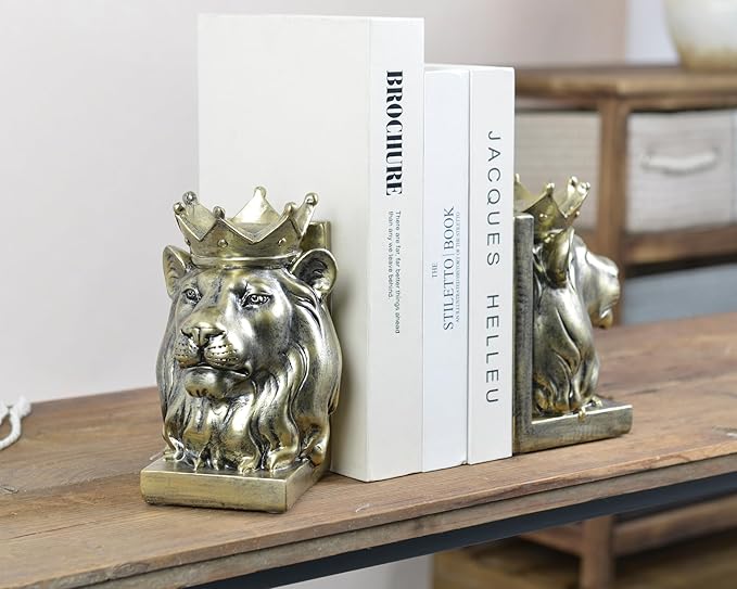 Vintage Gold Lion Book Ends,Animal Decorative Bookends,Resin Book Holder,Luxurious Book Ends for Shelves Rooms Office Home Decor,Unique Book Lover Gift(Gold Lion)