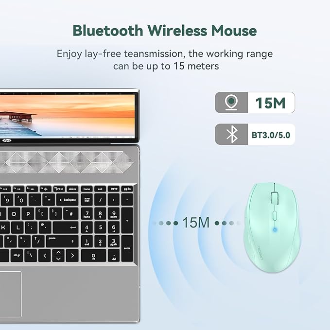 TECKNET Bluetooth Mouse, 4800 DPI Wireless Mouse, 2-Year Battery 6 Adjustable DPI, 6 Buttons Compatible with Laptop/Windows/Computer - Green