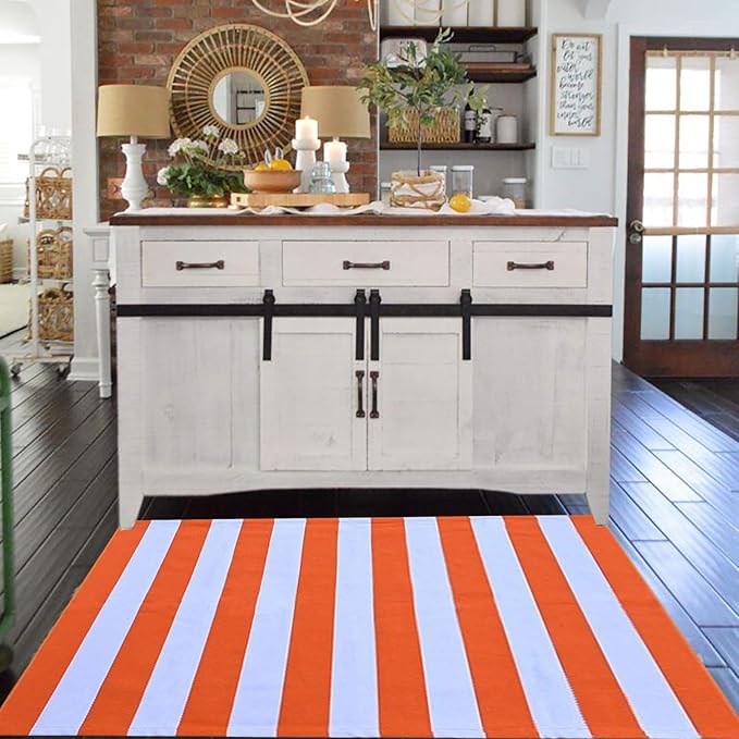 CAINANEL Fall Outdoor Rug 3' x 5' Orange and White Striepd Rug Front Door Mat Halloween Thanksgiving Fall Autumn Home Decor, Layerd Welcome Doormat for Front Porch Decor, Front Door, Farmhouse Decor