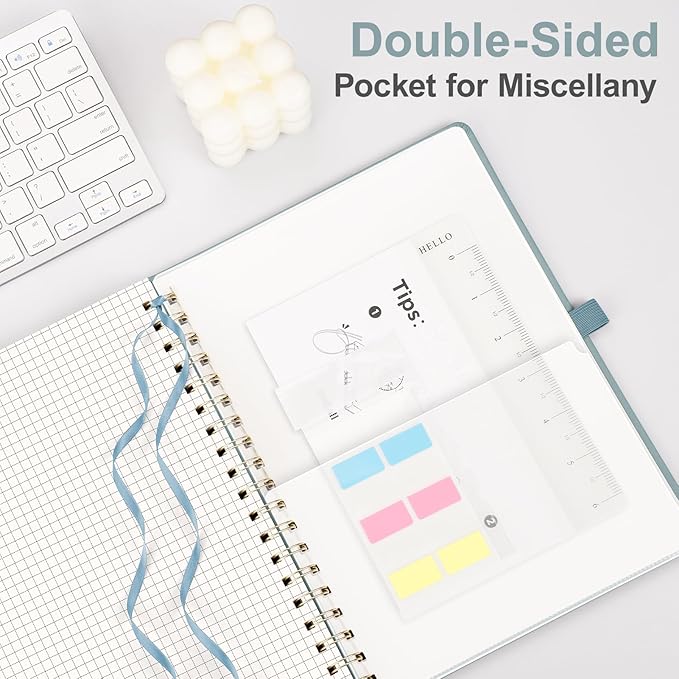 AHGXG Graph Paper Notebook - Spiral Notebook Hardcover Leather Journal 140 Pages, B5 Large Grid Notebook 7.6" x 10", 100 gsm Thick Paper, for School Writing Graphing Engineering Math, GrayBlue