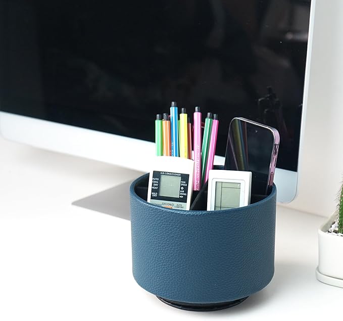 Hennaja Round Leather Art Supply Organizer,Remote Control Holder,360 Degree Spinning,Multi-Functional Pencil Holder,4 Compartments Desktop Stationary Organizer(1-Lichee Green)