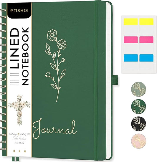 EMSHOI Spiral Notebook A4, 8.5"x11" Hardcover Leather Lined Journal with 110 Pages, 100GSM Thick Paper, Contents & Page Numbers, Flower Design - for Work, School, Journaling, Writing-Dark Green