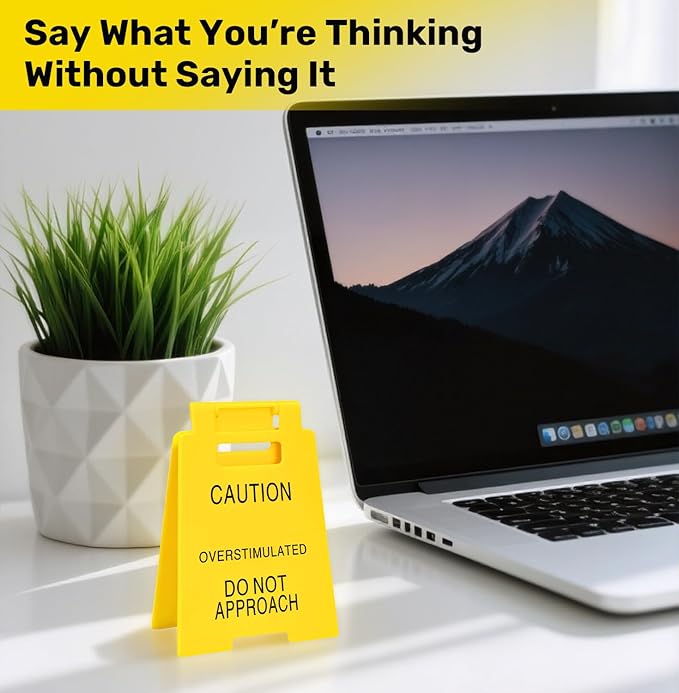 Caution Overstimulated Desk Sign, Funny Office Desk Decor for Work, Gag Sarcastic Gifts for Coworkers Teammates Employees Boss Women, Over Stimulated Do Not Approach Mini Caution Signs, Cubicle Decor Accessories, Funny Office Decorations