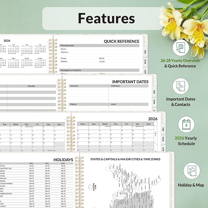 SUNEE Planner 2026 Weekly and Monthly, January 2026-December 2026, 8.5"x11", Tabs, Note Pages,Spiral Binding, Flora