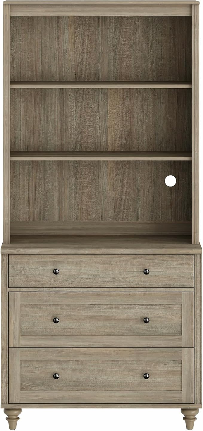 WAMPAT 72" Tall Bookcase Large Display Book Case Shelf with 3-Tier Open Book Shelfs, 3 Tier Farmhouse Style Bookshelf with 3 Drawers, Wood Bookshelves for Living Room or Study Room, Wash Grey