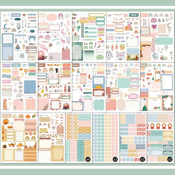 1700+ Planner Stickers Book, 24 Sheets Waterproof Repositionable Stickers for Journal, Bullet Planner, Scrapbook & Calendar, Functional Decorative Sticker Set & Gift (Boho Style)