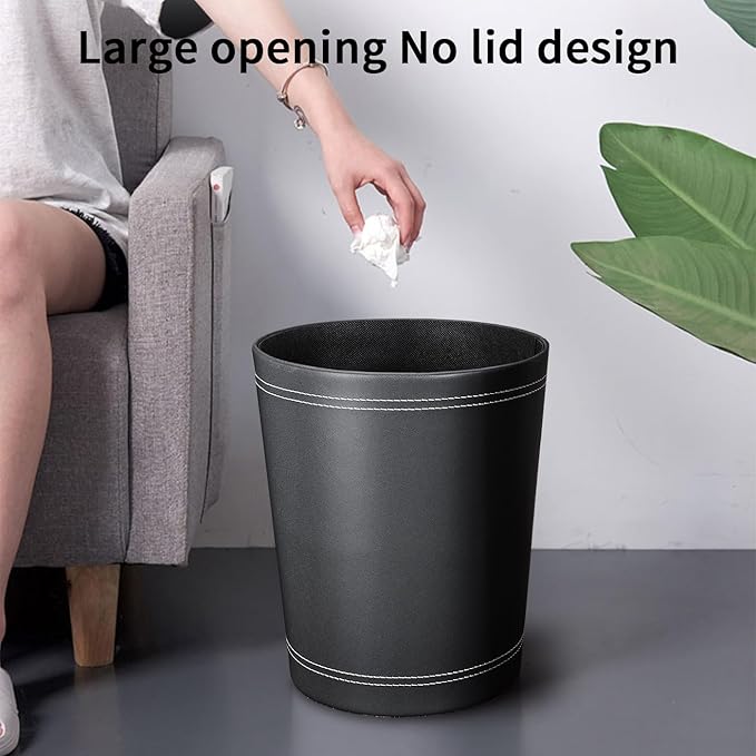 KINGFOM 3 Pack PU Leather Small Office Trash Can Wastebasket, Round Garbage Container Bin for Bathrooms, Powder Rooms, Kitchens, Home, Bedroom, High-Class Hotel, Black
