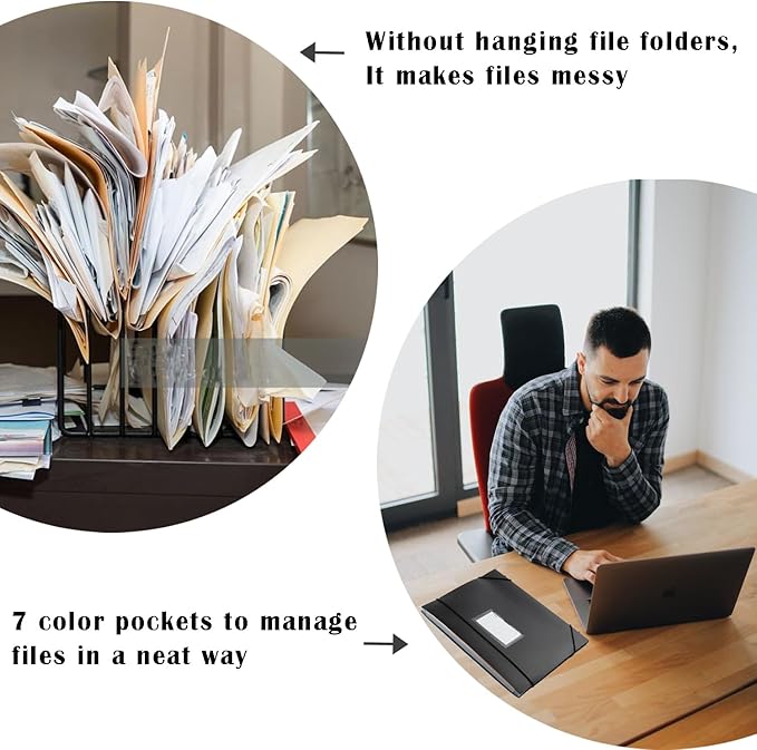 TRANBO 7-Pockets Hanging File Folder with Retractable Hooks for Filing Cabinet, Letter Size Expandable Accordion File Organizer with Elastic Band for File Frame or On-The-Go Use (3 Pack)