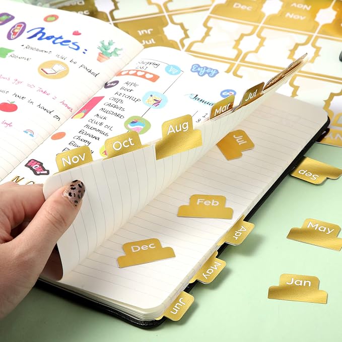 72 Pieces Adhesive Monthly Planner Tabs Monthly Index Stickers Decorative Label Calendar Stickers for Office Study Planner Journal Notebook Back to School Accessories(Gold)