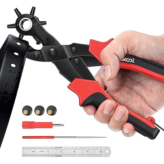 Revolving Punch Plier Kit, XOOL Leather Hole Punch Set for Belts, Watch Bands, Straps, Dog Collars, Saddles, Shoes, Fabric, DIY Home or Craft Projects, Heavy Duty Rotary Puncher, Multi Hole Sizes Make