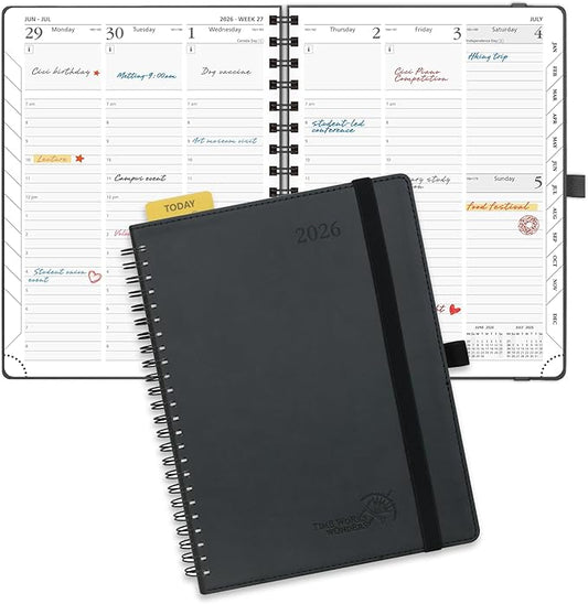 POPRUN 2026 Planner (Medium - 6.5'' x 8.5'') with Hourly Schedule, Vertical Layout - 2026 Weekly Calendar (Jan. 2026 - Dec.2026) for Time Management, Monthly Tabs, Spiral Bound, Soft Cover - Black