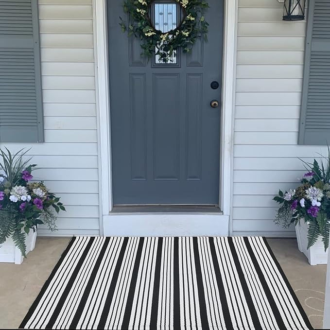 CAINANEL Black and White Striped Outdoor Rug 27.5'' x 43'' Front Door Mat Handwoven Cotton Indoor/Outdoor for Layered Door Mats,Welcome Door Mat, Front Porch,Farmhouse,Entry Way