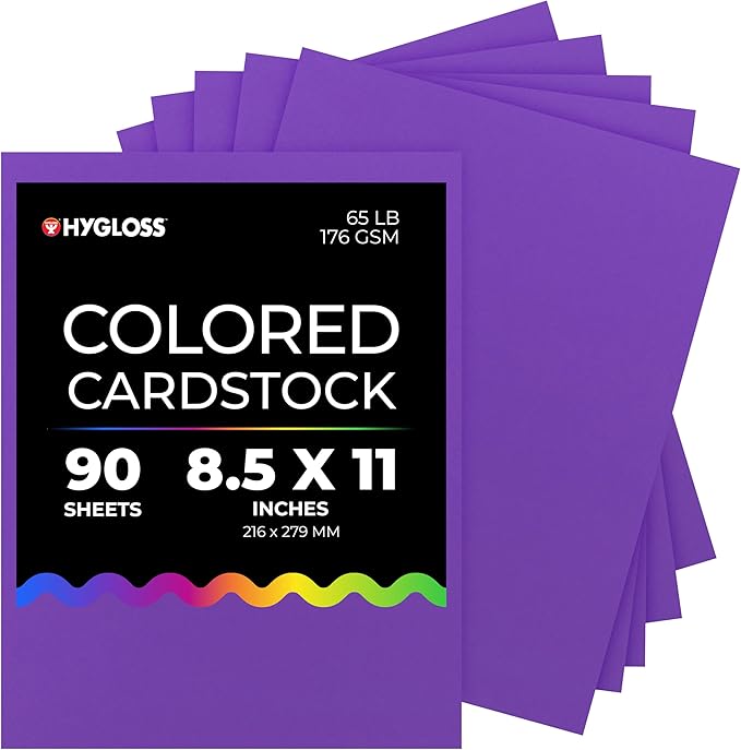 Hygloss Purple Bright Colored Cardstock - 8.5x11-Inch, 90 Sheets, 65 lb/ 176 gsm, Fade-Resistant, Acid-Free Color Card Stock Paper