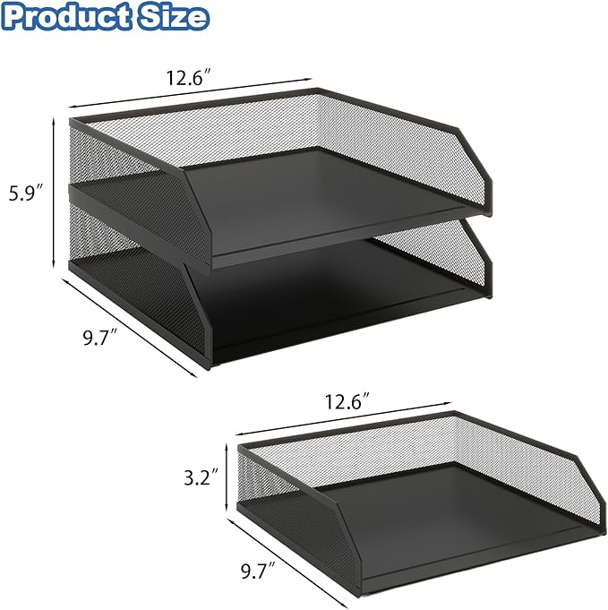 Natwind 2-Tier Stackable Paper Tray, Metal Mesh Desktop Organizer, A4 Desk Organizer, Stackable Letter Trays,File Folder Sorter Organizer with Sliding Tray for Home, Office, School (Black)
