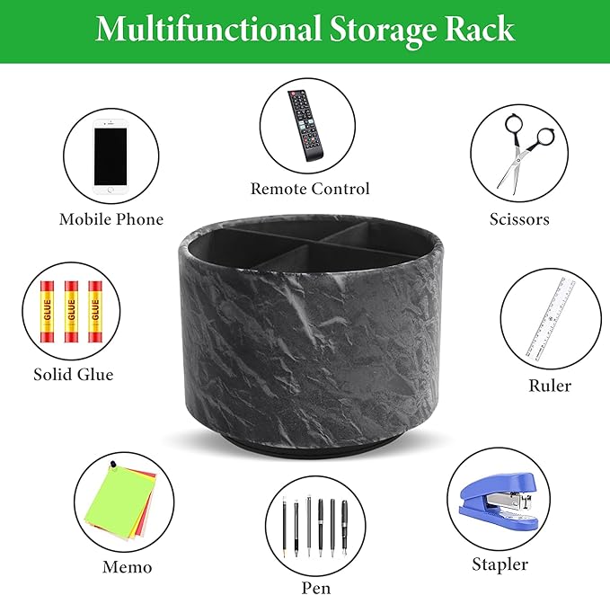 Hennaja Round Leather Art Supply Organizer,Remote Control Holder,360 Degree Spinning,Multi-Functional Pencil Holder,4 Compartments Desktop Stationary Organizer(1-Hill Black)