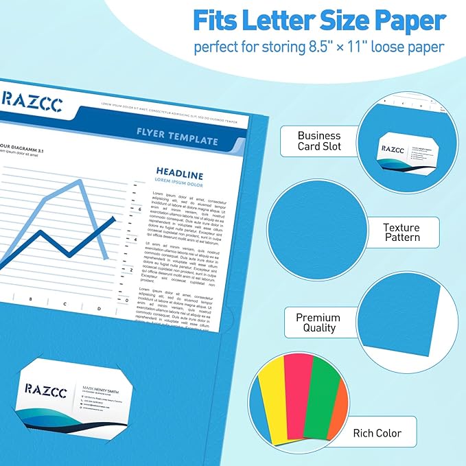 Two Pocket Folders, RAZCC 100 Pack File Folders with Pockets Fit Letter Size Paper, Thick Paper File Folder for School Office Business Home, Assorted 5 Colors