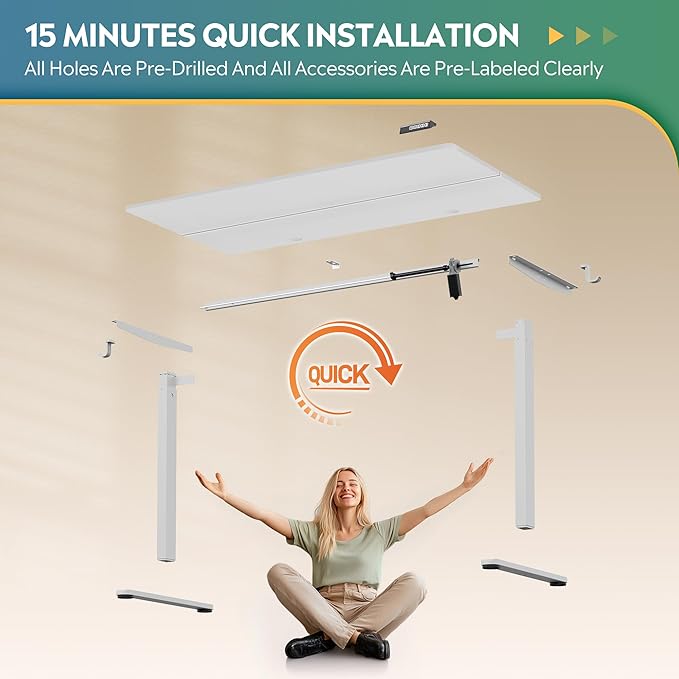 DEVAISE 48 Inch Electric Standing Desk, 3 Adjustable Height Stand up Desk for Home Office, Ergonomic Sit to Stand Desk with LED Touchscreen，Headphone Hook, 3 Memory Preset Computer Desk (White)