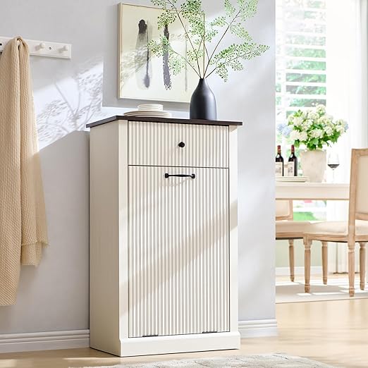 Modern Tilt-Out Trash Can Cabinet, 10 Gallon Fluted Laundry Hamper Cabinet with Drawers, Wooden Hidden Garbage Can Cabinets with Storage Basket, Free Standing for Kitchen and Living Room, White
