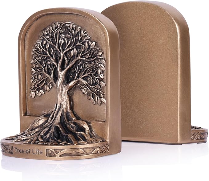Antique Bronze Color Tree of Life Bookends Set, 2 Non-Skid Heavy Bookends for Shelves or Bookcase, Decorative Bookends for Desktop Shelf Decor, Library Office Decor, Home Décor Gift