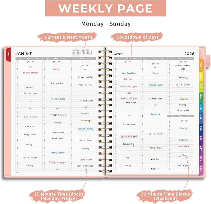 EMSHOI 2026 Appointment Book, A4 15-Minute Hourly Planner, JAN 2026 - DEC 2026, Daily Weekly Monthly, 100GSM Thick Paper, PVC Cover, Colorful Tabs - for Work, School, Salon Scheduling