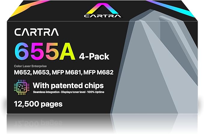 CARTRA 655A 4 Pack Toner Cartridge Replacement CF450A CF451A CF452A CF453A for HP Color Laserjet Enterprise M652n M652 M53dn M653x M653 MFP M681dh M682z Series Printer | Black Cyan Yellow Magenta.