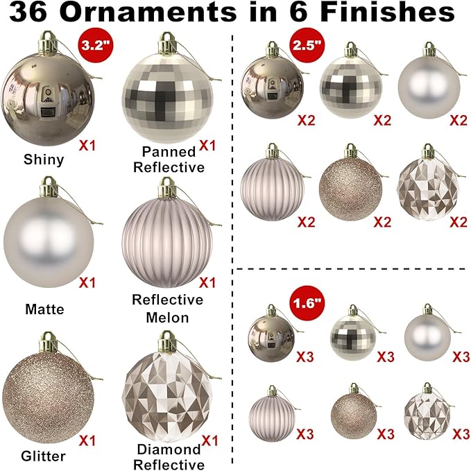 Champagne Gold Christmas Ornaments - Christmas Tree Decorations Shatterproof Hanging Balls for Birthday Wedding Holiday Decor Set of 36pcs, Multi-Sizes(1.6",2.5",3.2")