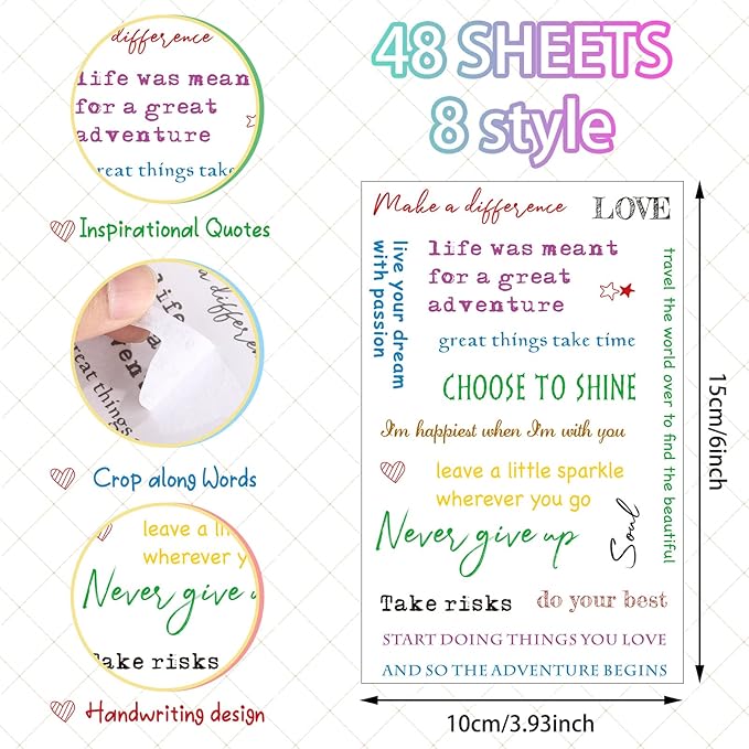48 Sheets Inspirational Quotes Stickers Aesthetic Sayings Decal Motivational Words Handwritten Letters Gift for DIY Crafts Journaling Scrapbook Planner Appreciation Supplies, 8 Styles(Multicolor)