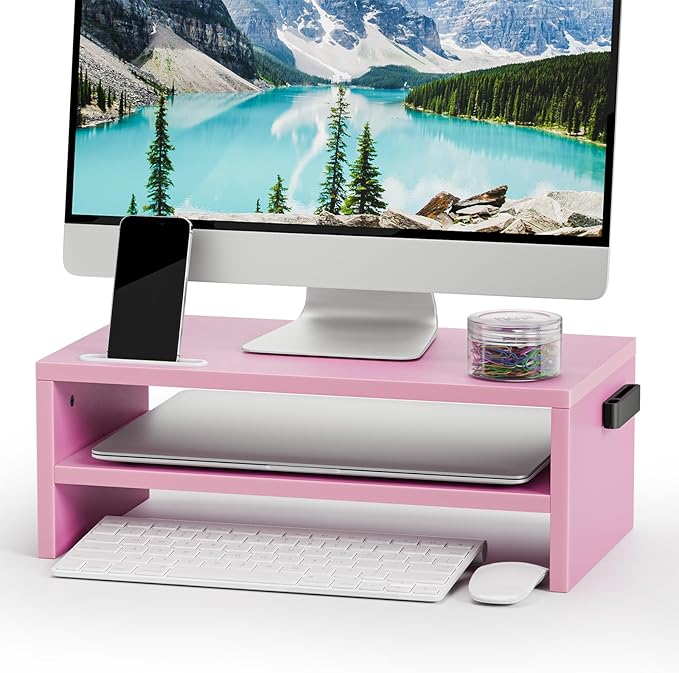 Marbrasse Monitor Stand Riser, 16.5 Inch 2 Tier Computer Printer Shelf Stand for Laptop Computer Screen Storage, Desktop Stand with Phone Holder and Cable Management (Pink)
