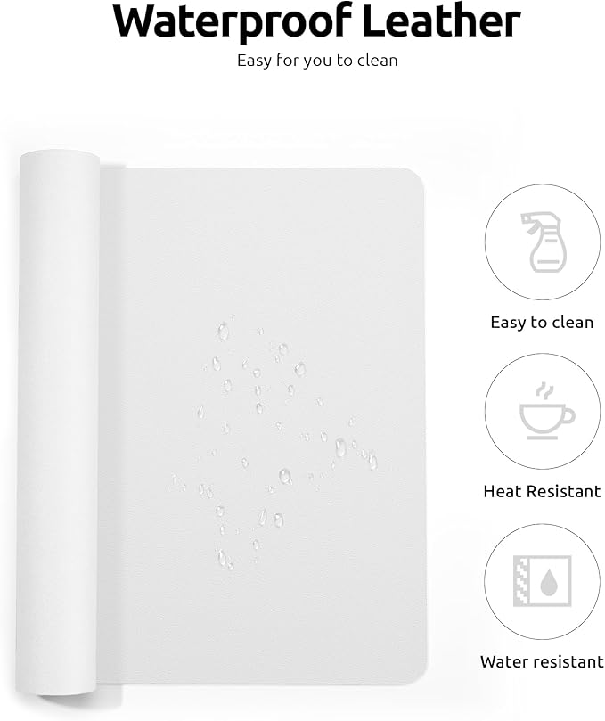 YSAGi Leather Desk Protector, Office Mat, Large Mouse Mat, Non-Slip PU Leather Blotter, Laptop Desk, Waterproof Writing Pad for Office and Home (White, 23.6" x 13.8")