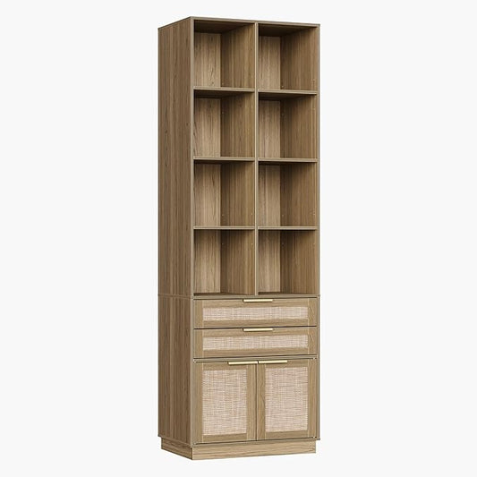 Bookshelf with 2 Drawers and Doors, 73 Inch Rattan Tall Bookcase with 4-Tier Storage Shelves, Wooden Book Shelf for Home Office, Light Oak