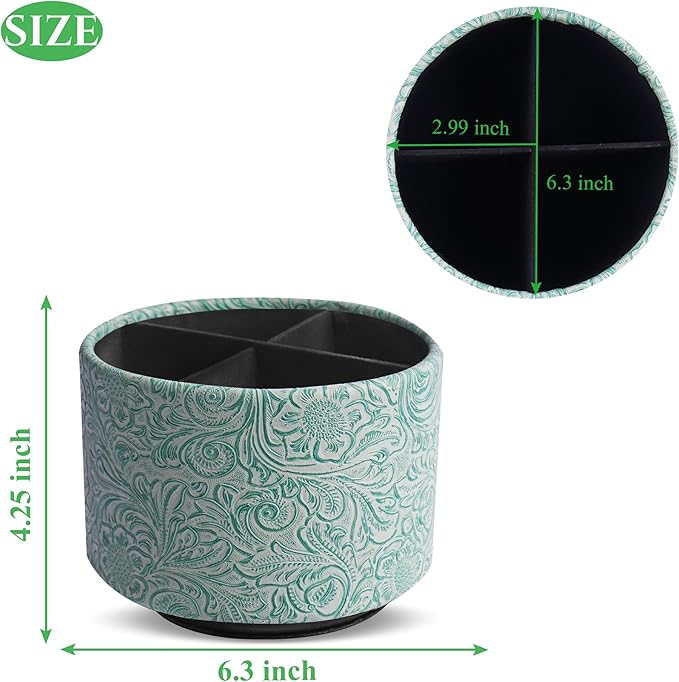 lizimandu Round Leather Art Supply Organizer,Remote Control Holder,360 Degree Spinning,Multi-Functional Pencil Holder,4 Compartments Desktop Stationary Organizer(1-Carved Stone Green)