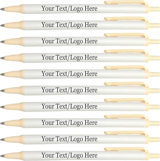 Personalized Click Stick Pens With your Custom Logo or Text-300 Pack Bulk-for Businesses, Parties, and Events, Custom Printed Retractable Slim Ballpoint Pens, Cream, Black Ink