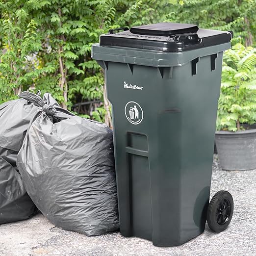 32 Gallon Trash Can with Wheels and Lid, Rolling Recycling Bin Outdoor with Wheels, Commercial Wheeled Garbage Can for Home Garage Office, Set of Blue and Gray