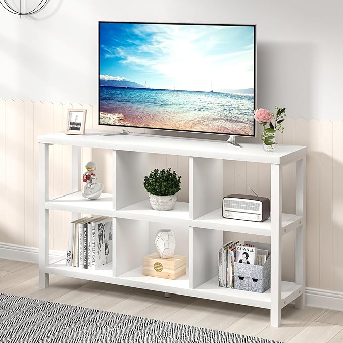 FOLUBAN Horizontal Bookshelf, 6 Cube Storage Organizer with Shelf, Modern Wood and Metal Cubby Bookcase for Bedroom Living Room, White Oak, 47 Inch