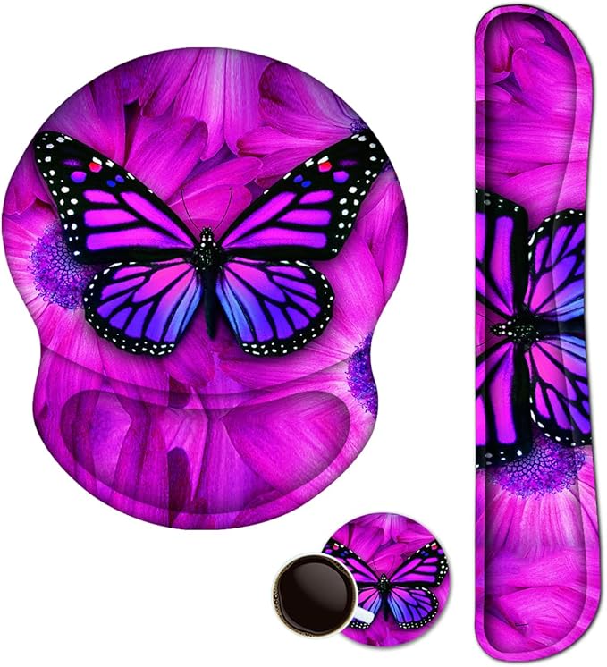 ARTSO Ergonomic Mouse Pad with Wrist Rest, Comfortable Keyboard Wrist Rest, Memory Foam Mousepad for Computer Keyboard, Mouse Pad Set for Easy Typing, Pain Relief, Purple Butterfly